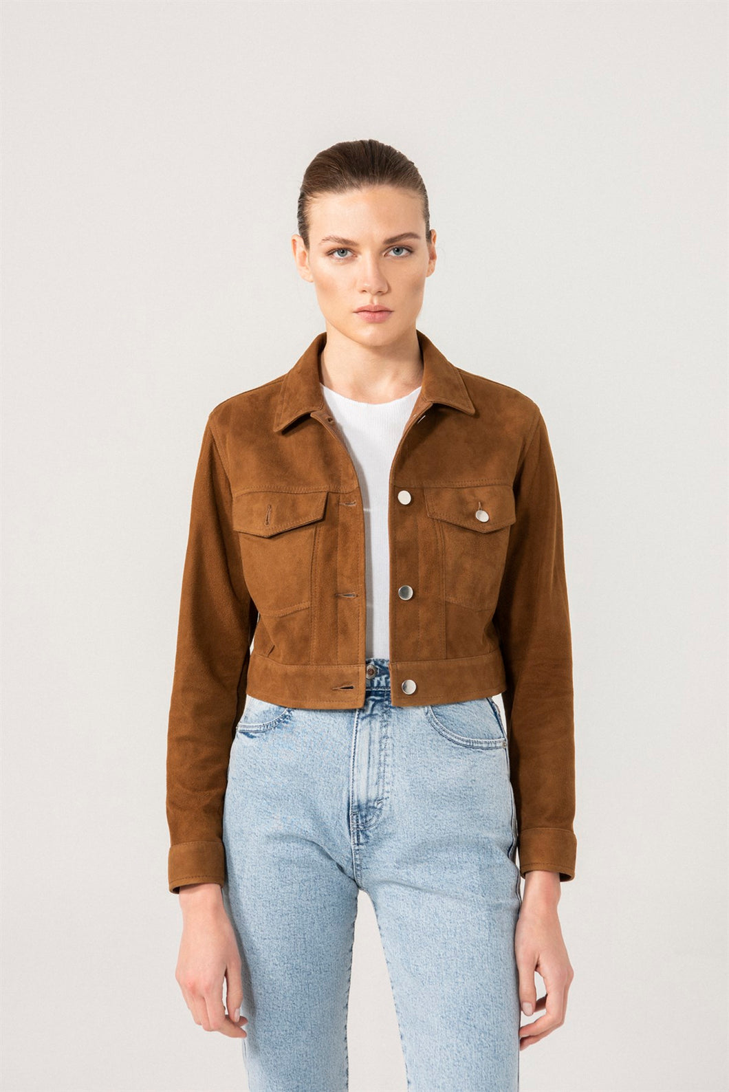 Womens Brown Short Length Suede Leather Jacket