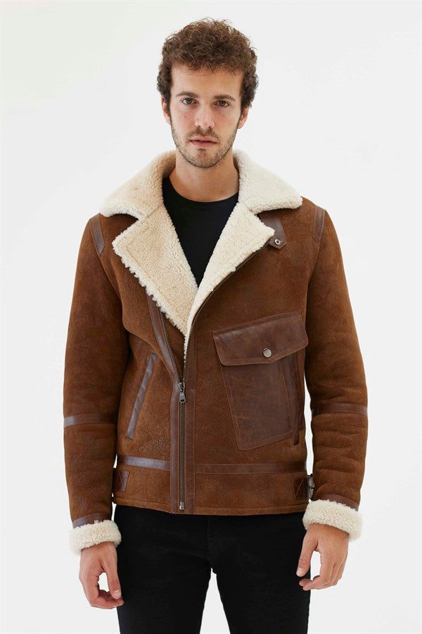 Men's Aviator Brown and White Shearling Leather Jacket