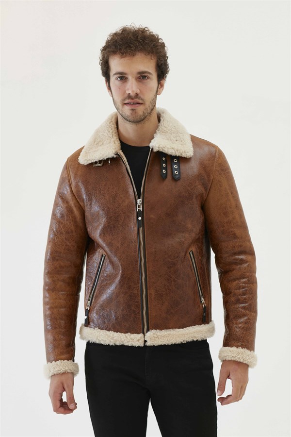 Men's Distressed Brown Shearling Leather Jacket