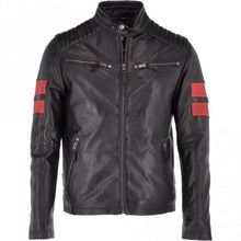 Load image into Gallery viewer, Men&#39;s Striped Real Leather Black Biker Jacket
