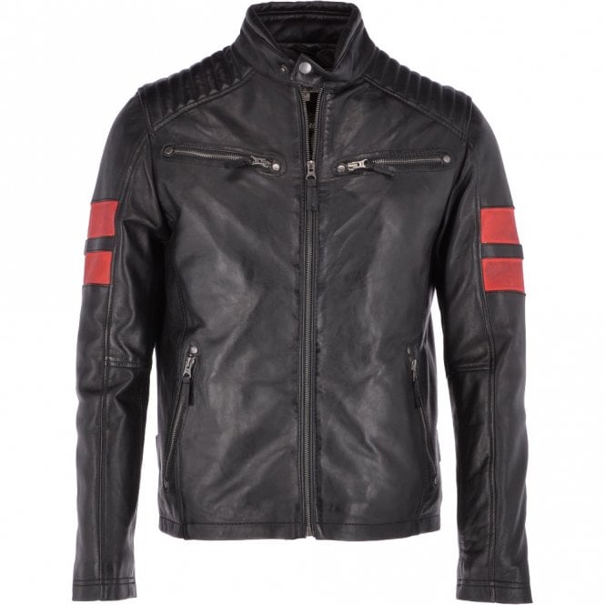 Men's Striped Real Leather Black Biker Jacket