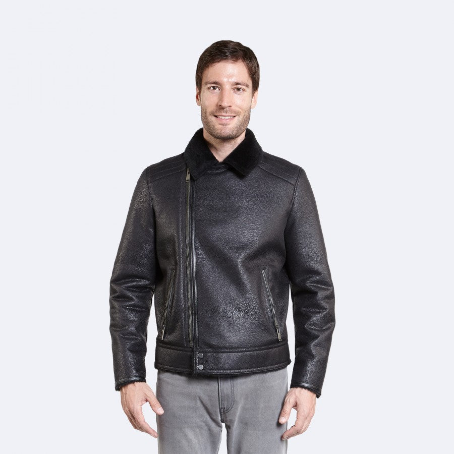 Men's Shiny Black Shearling Leather Jacket