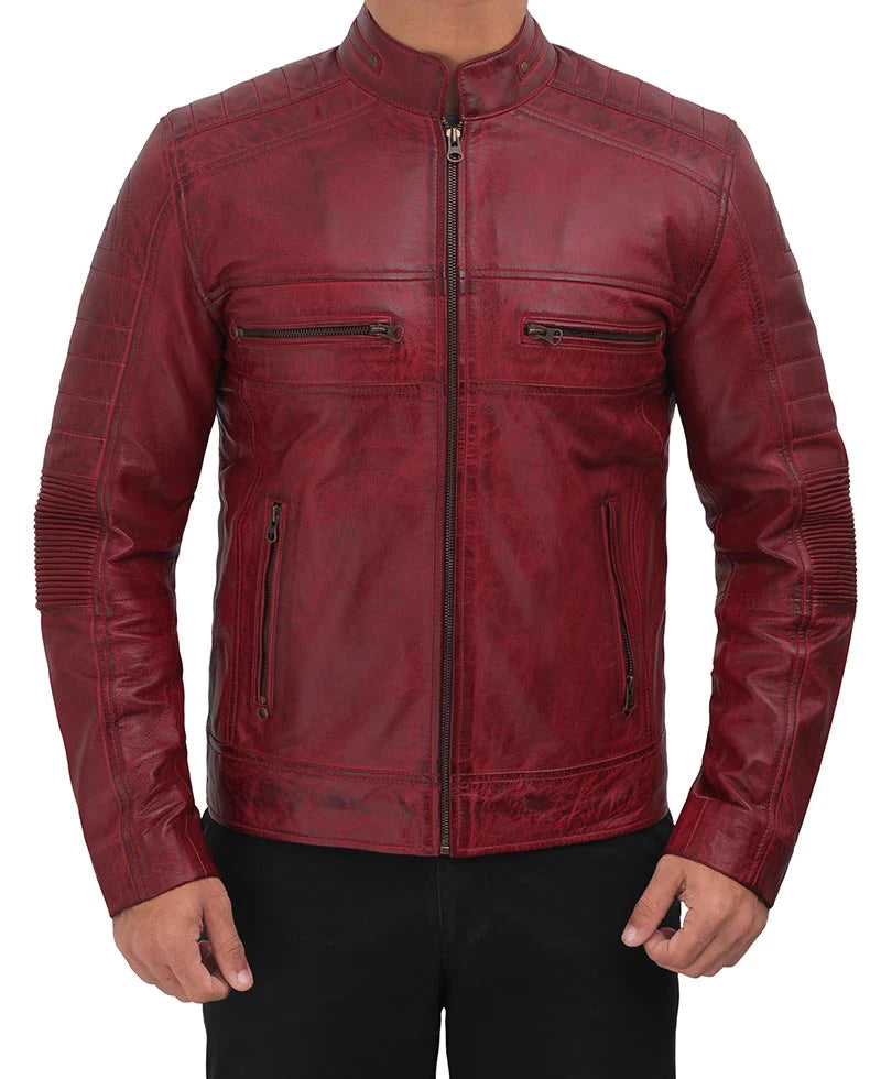 Men's Cafe Racer Distressed Red Leather Jacket