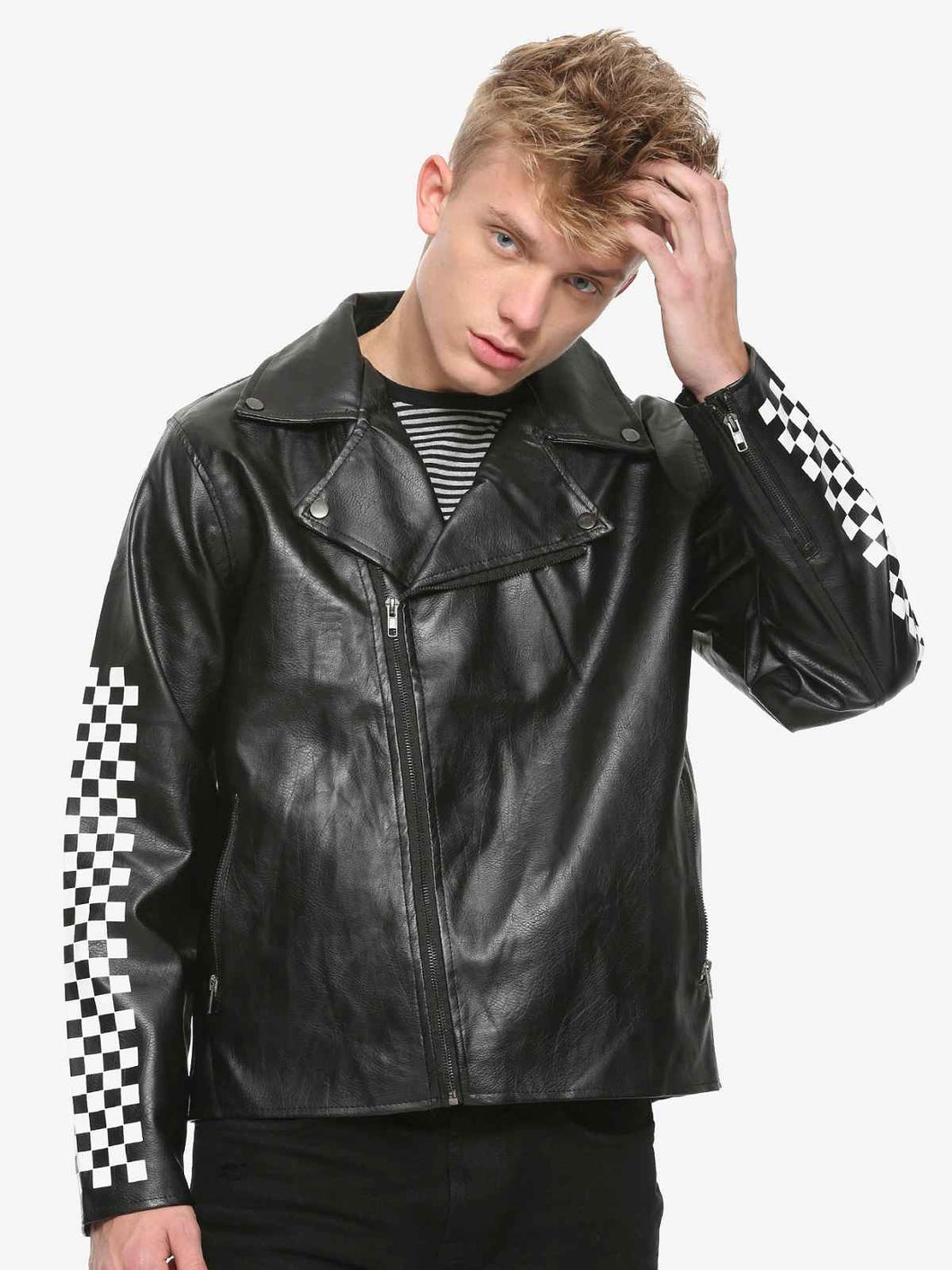Mens Lapel Collar Checkered Leather Jacket