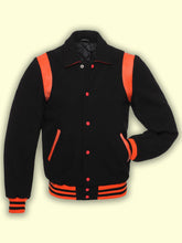 Load image into Gallery viewer, Black With Orange Varsity Jacket – Boneshia
