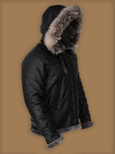 Load image into Gallery viewer, Men Black Shearling Jacket With Fur Hoodie
