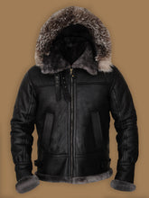 Load image into Gallery viewer, Men Black Shearling Jacket With Fur Hoodie
