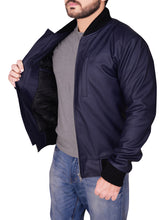 Load image into Gallery viewer, Navy Blue Varsity Leather Jacket – Boneshia
