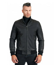 Load image into Gallery viewer, Black nappe lamb leather bomber jacket smooth aspect – Boneshia
