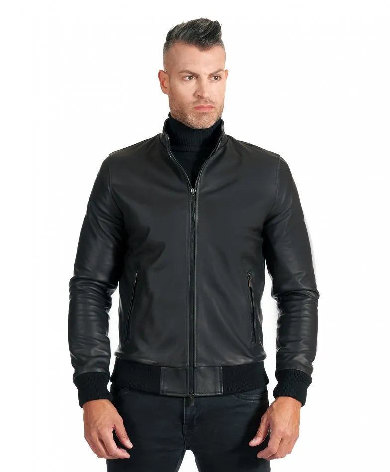 Black nappe lamb leather bomber jacket smooth aspect – Boneshia