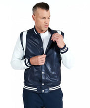 Load image into Gallery viewer, Men&#39;s Dark Blue and White Varsity Jacket
