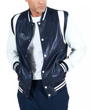 Load image into Gallery viewer, Men&#39;s Dark Blue and White Varsity Jacket
