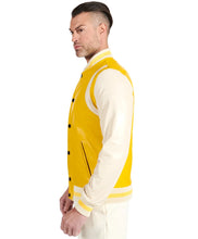 Load image into Gallery viewer, Men&#39;s Yellow Beige Leather Varsity jacket
