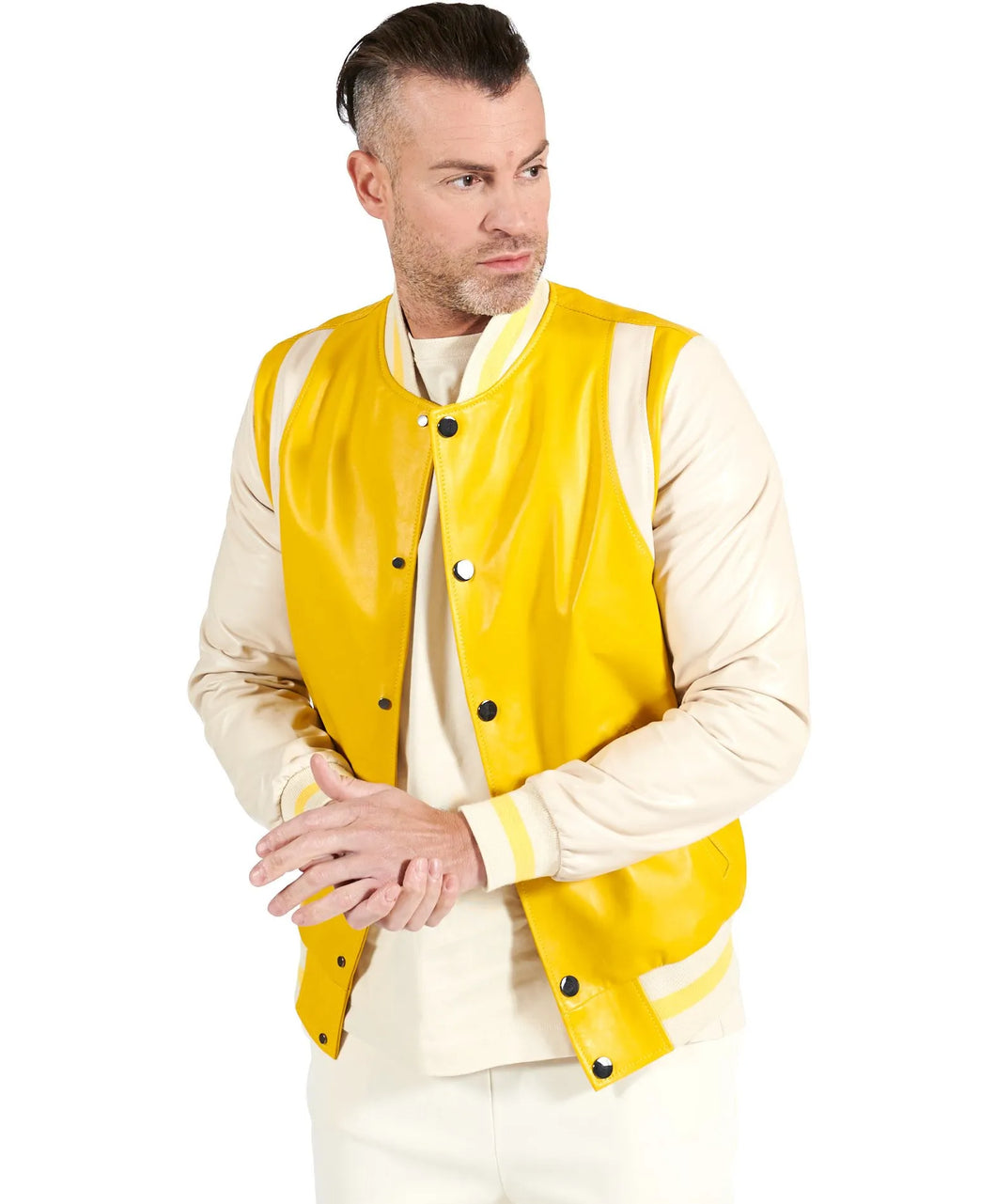 Men's Yellow Beige Leather Varsity jacket