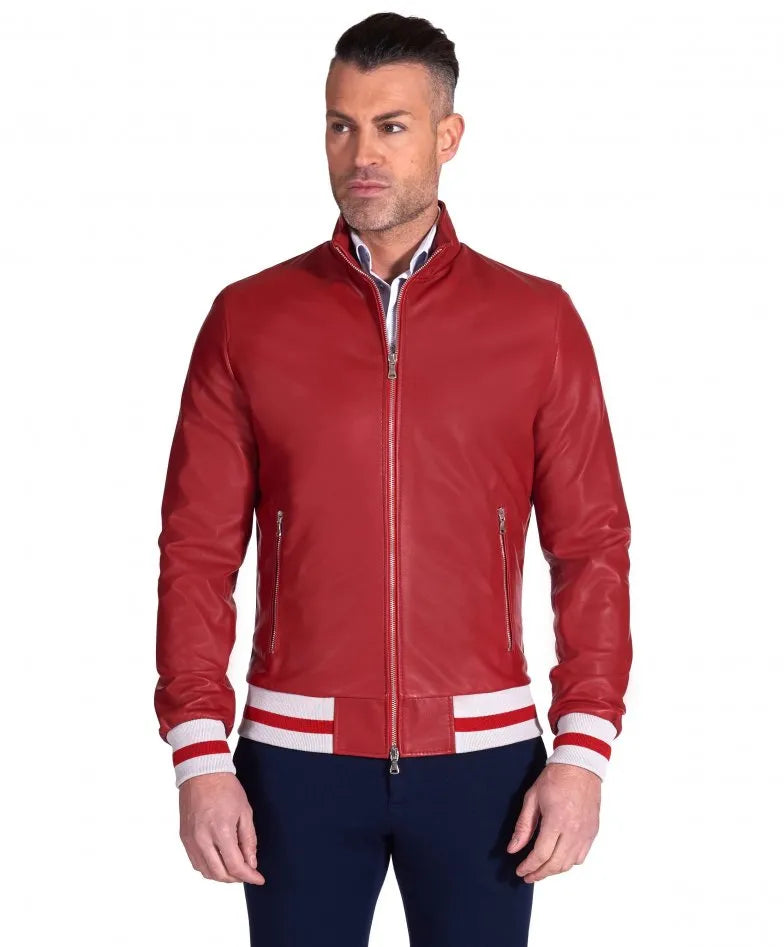 Men's Authentic Red Bomber Leather Jacket