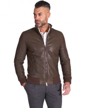 Load image into Gallery viewer, Taupe natural leather bomber jacket vintage aspect – Boneshia
