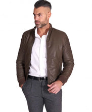 Load image into Gallery viewer, Taupe natural leather bomber jacket vintage aspect – Boneshia
