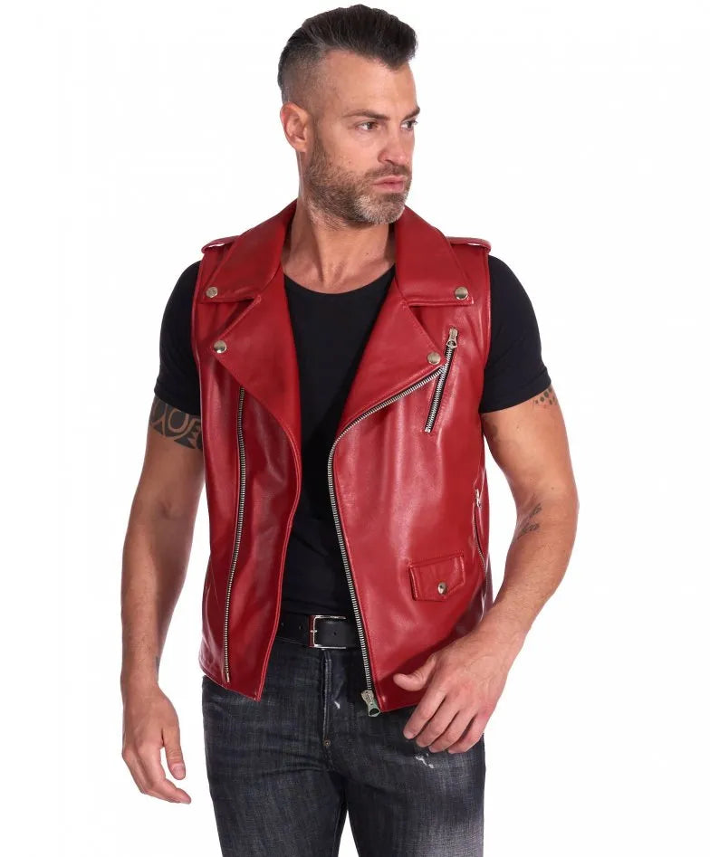 Mens Red Biker Leather Vest - Boneshia