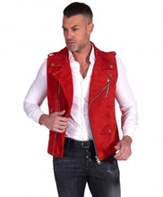 Load image into Gallery viewer, Mens Red Biker Suede Leather Vest - Boneshia
