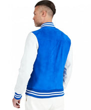 Load image into Gallery viewer, Blue Suede Leather Varsity Bomber Jacket for Men

