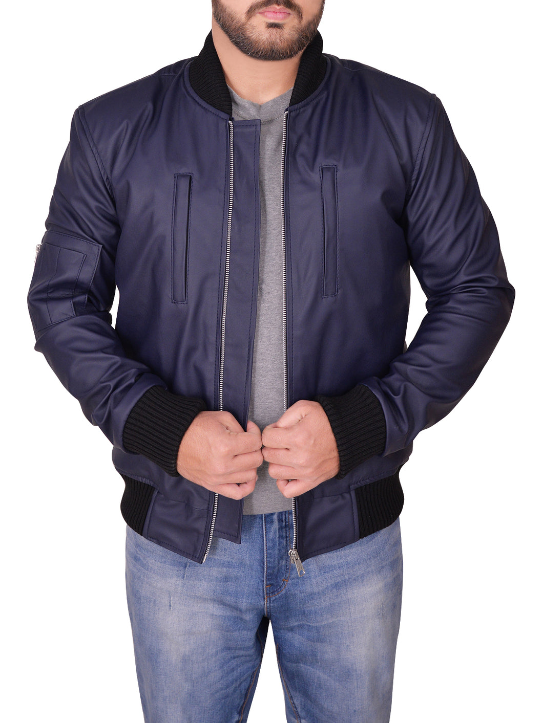 Navy Blue Varsity Leather Jacket – Boneshia