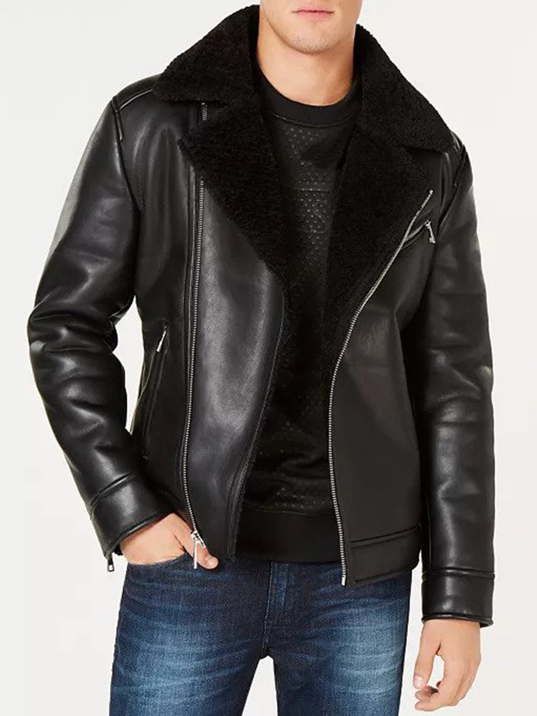 Mens Shearling Black Faux Leather Leather Jacket