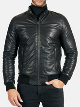 Load image into Gallery viewer, Biker Mens Black Smooth Leather Bomber Jacket
