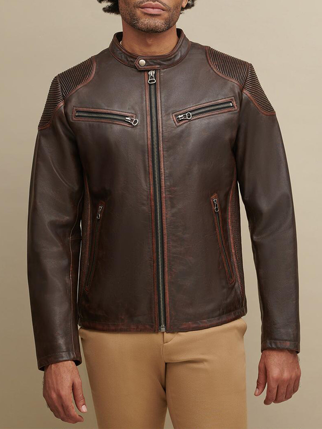 Mens Biker Brown Leather Jacket - Boneshia