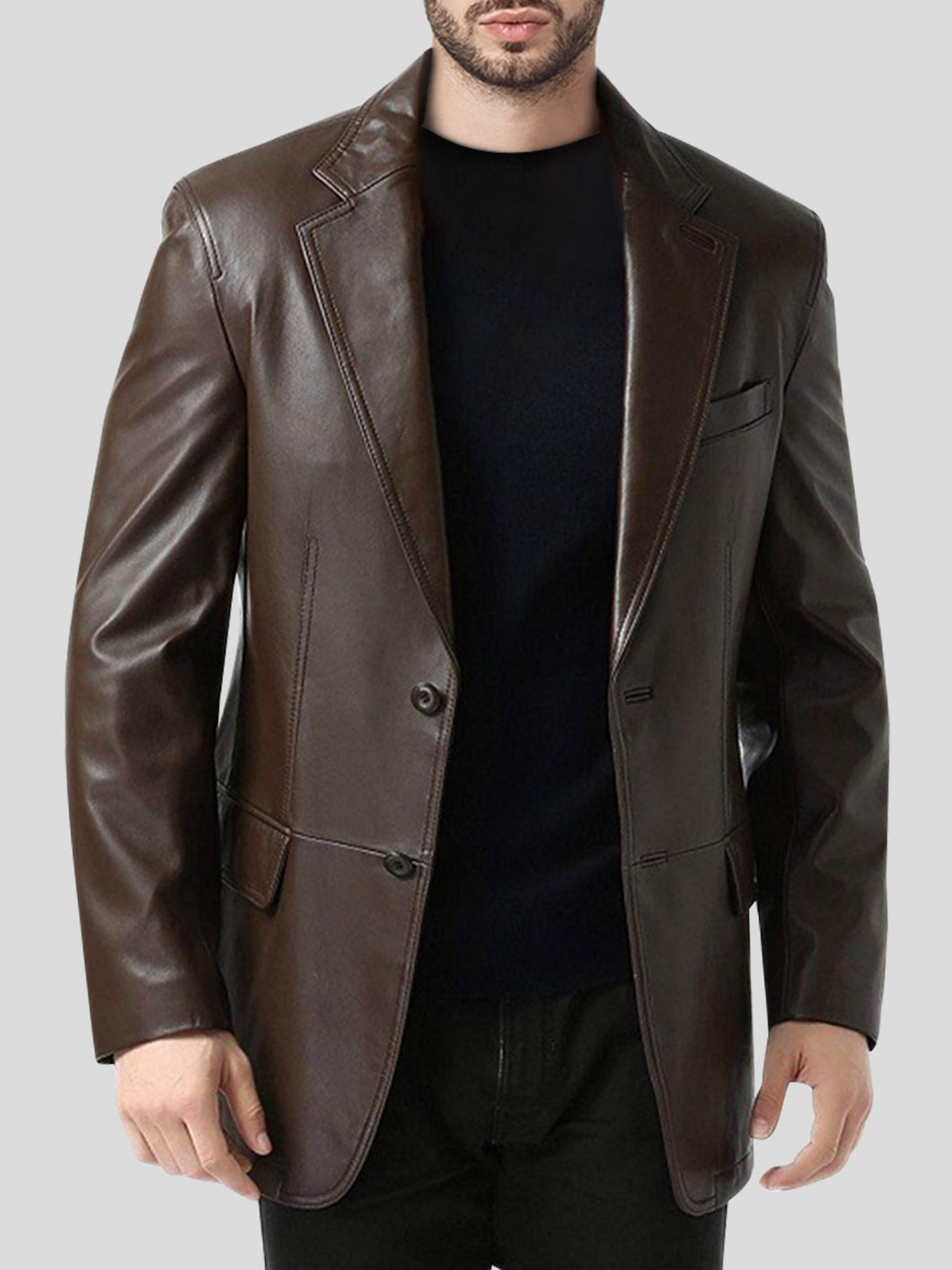 Mens Brown Single Breasted  Leather Blazer Coat