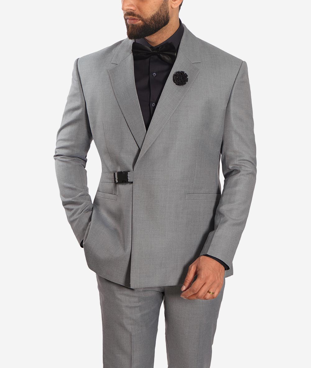 Men Two Piece Buckle Grey Suit