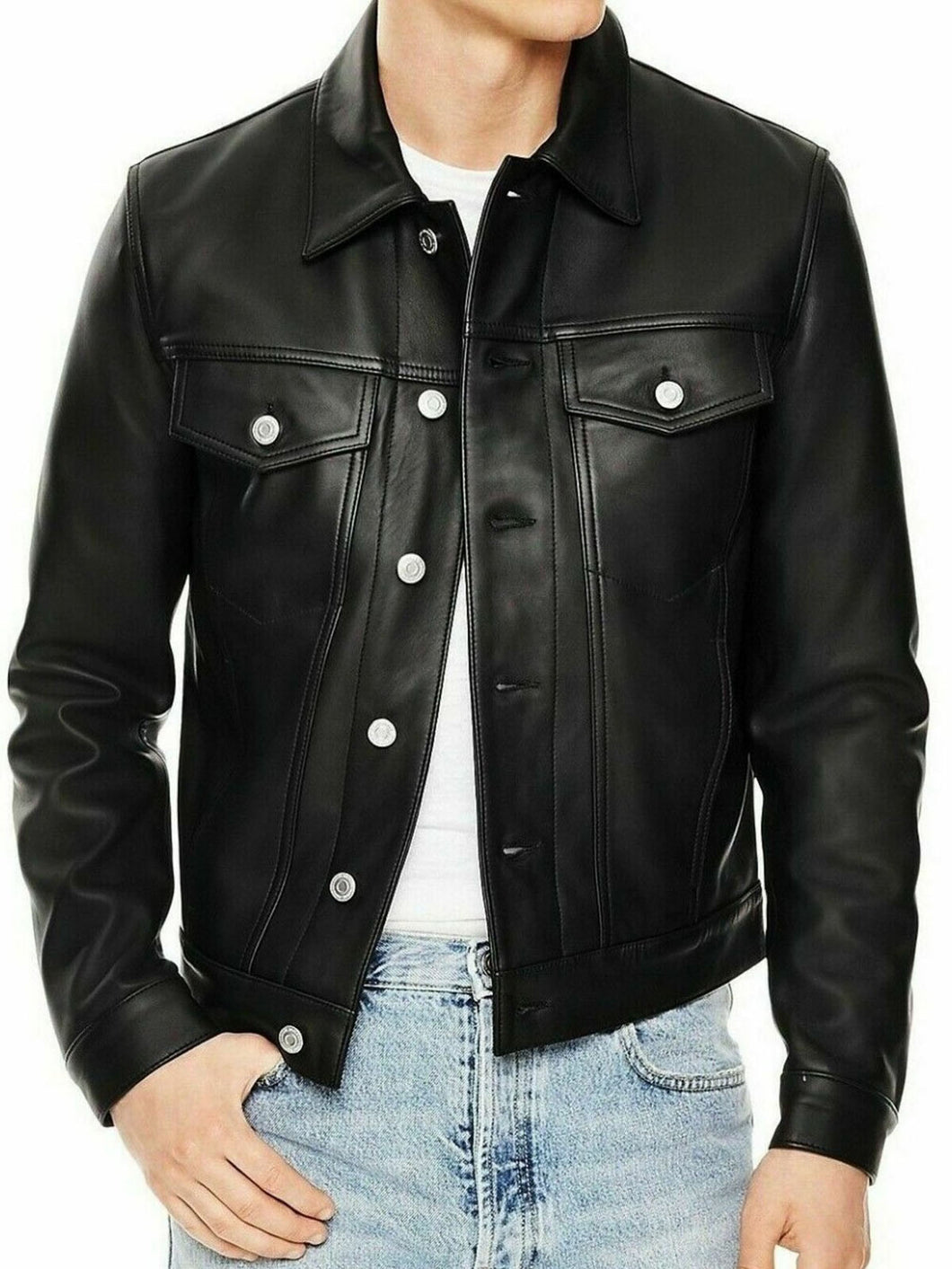 New Men Black Leather Button Closure  Biker Jacket