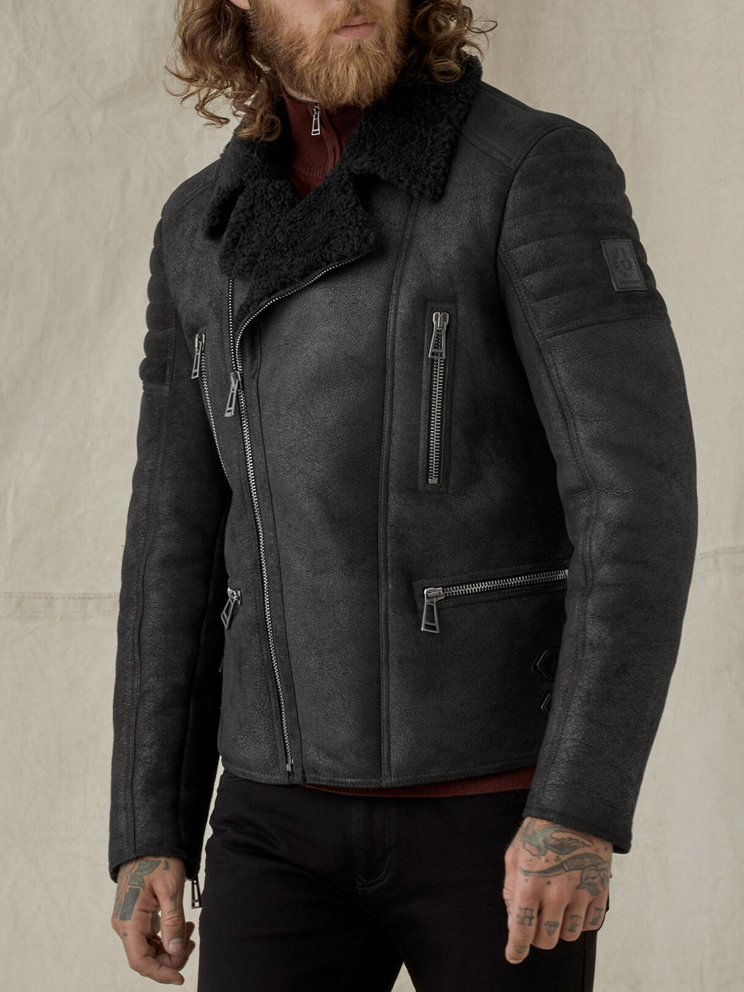 Mens Stylish Shearling Black Fur Leather Jacket