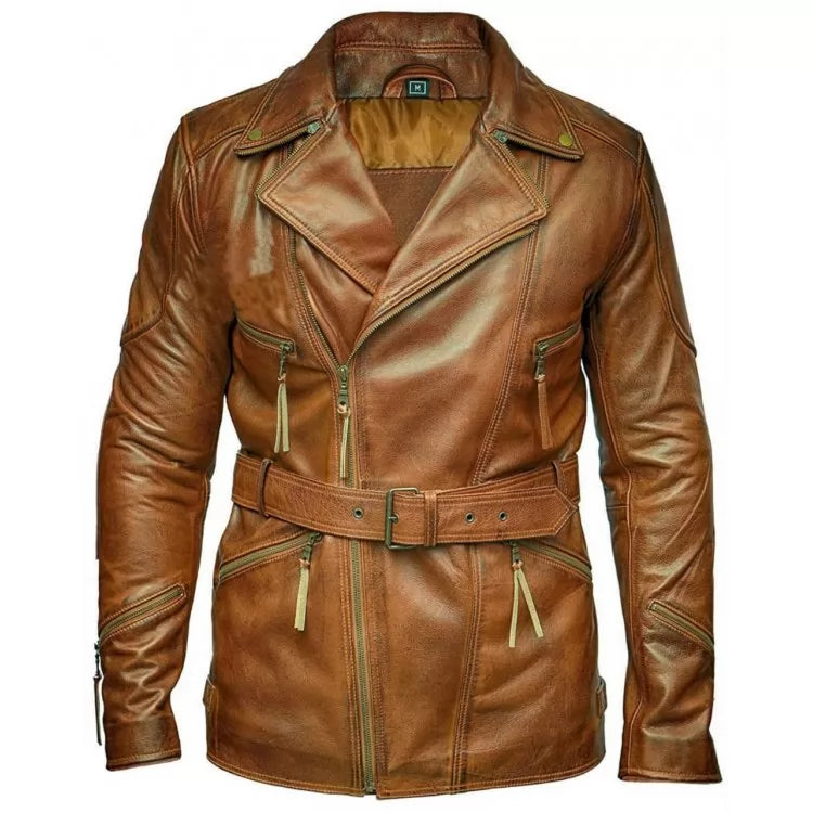 Men's Brown Ruffle Biker Coat Real Sheepskin Leather