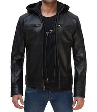 Load image into Gallery viewer, Dodge Mens Black Leather Jacket with Removable Hood

