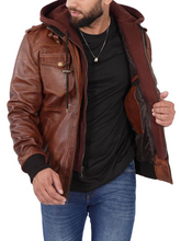 Load image into Gallery viewer, Mens Bomber Leather Removable Hood Jacket
