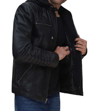 Load image into Gallery viewer, Black Cafe Racer Leather Jacket With Removable Hood – Boneshia
