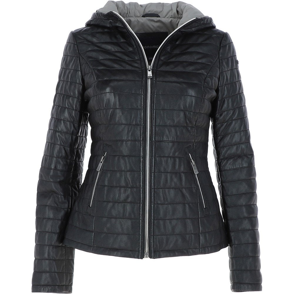 Women's Black Quilted Hooded Real Leather Jacket