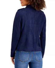 Load image into Gallery viewer, Womens Casual Blue Suede Moto Jacket
