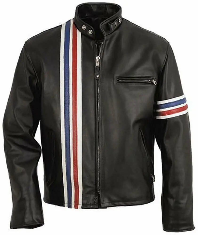 Men Black Rider USA Flag Motorcycle Leather Jacket