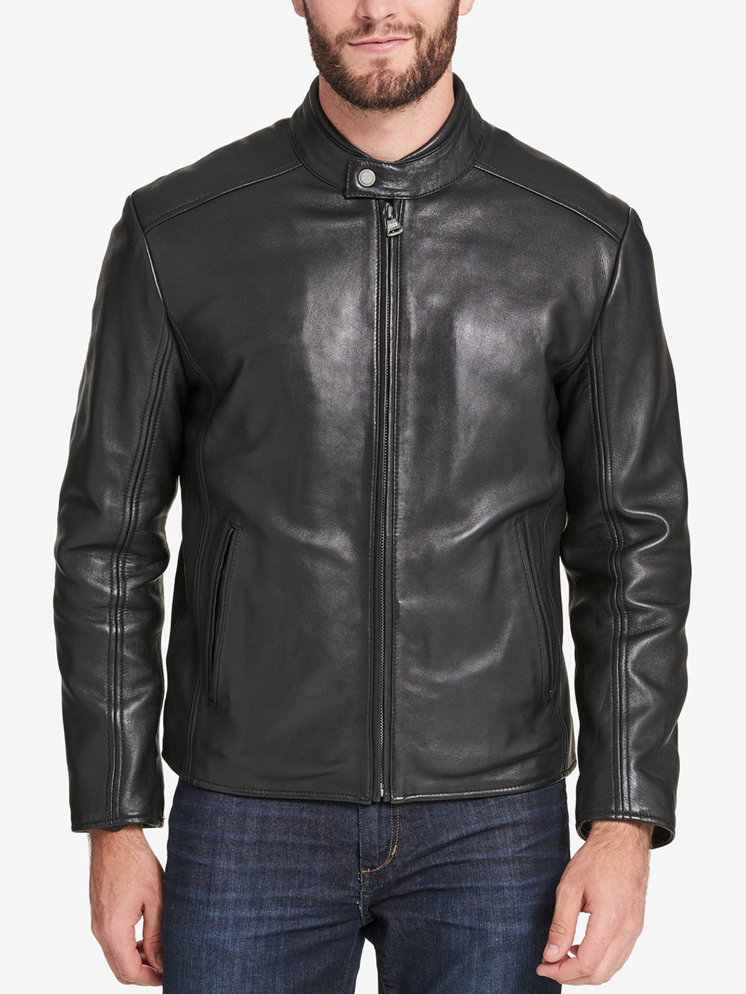 Stylish Real Leather Biker Jacket In Black