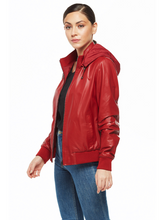 Load image into Gallery viewer, Red Women Bomber lamb Leather biker Jacket
