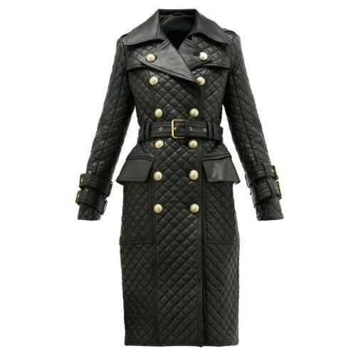 WOMEN DOUBLE BREASTED QUILTED LEATHER TRENCH COAT