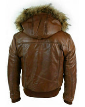 Load image into Gallery viewer, Men&#39;s Brown Hooded Bomber Leather Jacket
