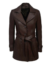 Load image into Gallery viewer, Women&#39;s Dark Brown Trench Belted Leather Coat
