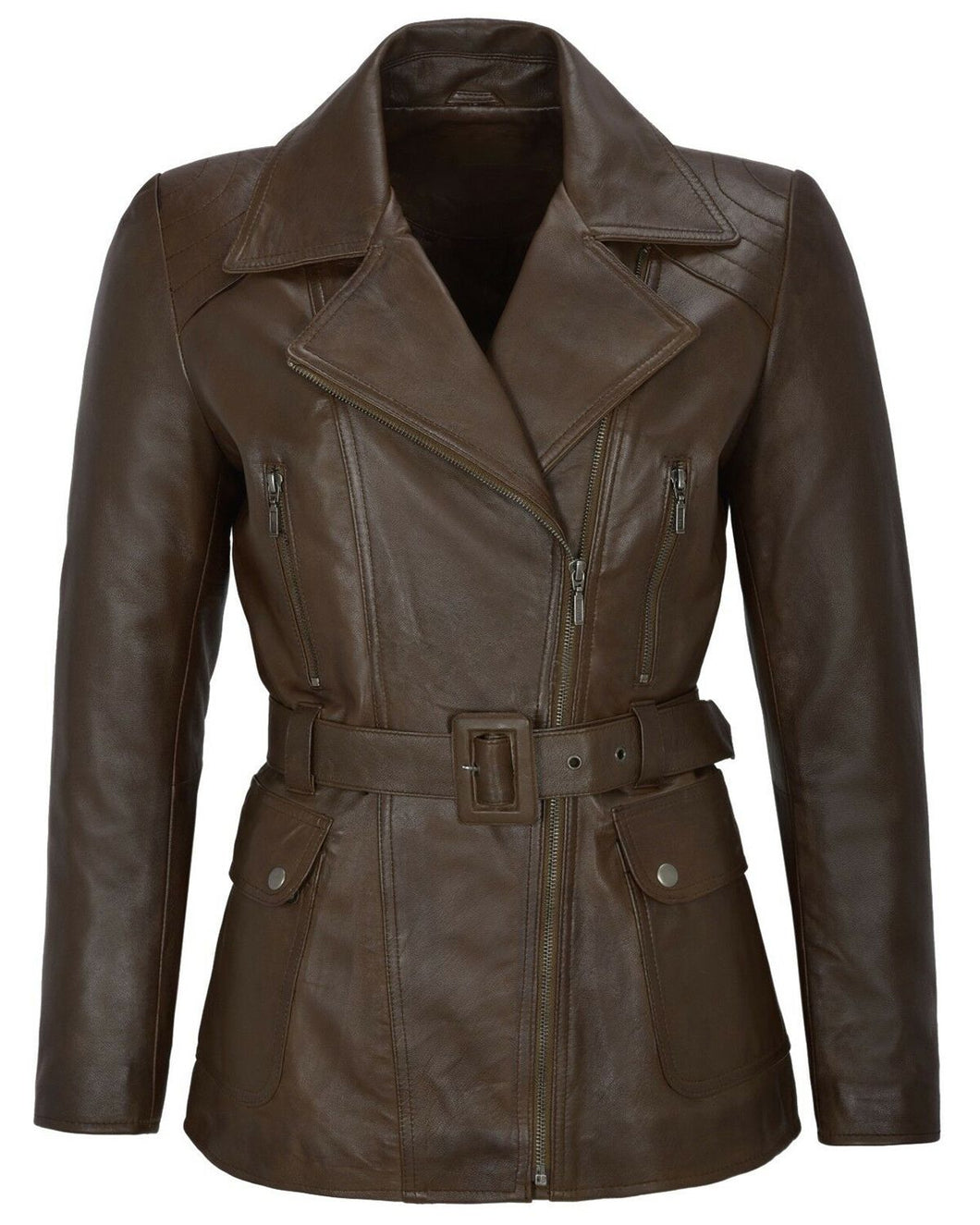 Women's Classic Mid Length Brown Trench Leather Coat