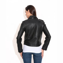 Load image into Gallery viewer, Women&#39;s Real Leather Black Moto Jacket
