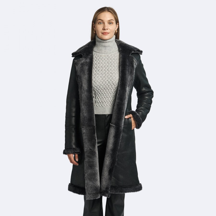 Womens Shiny Black Shearling Leather Coat
