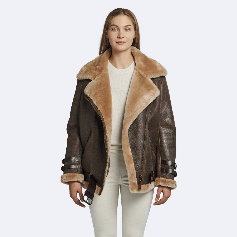 Women's Oversized Brown Shearling Leather Jacket