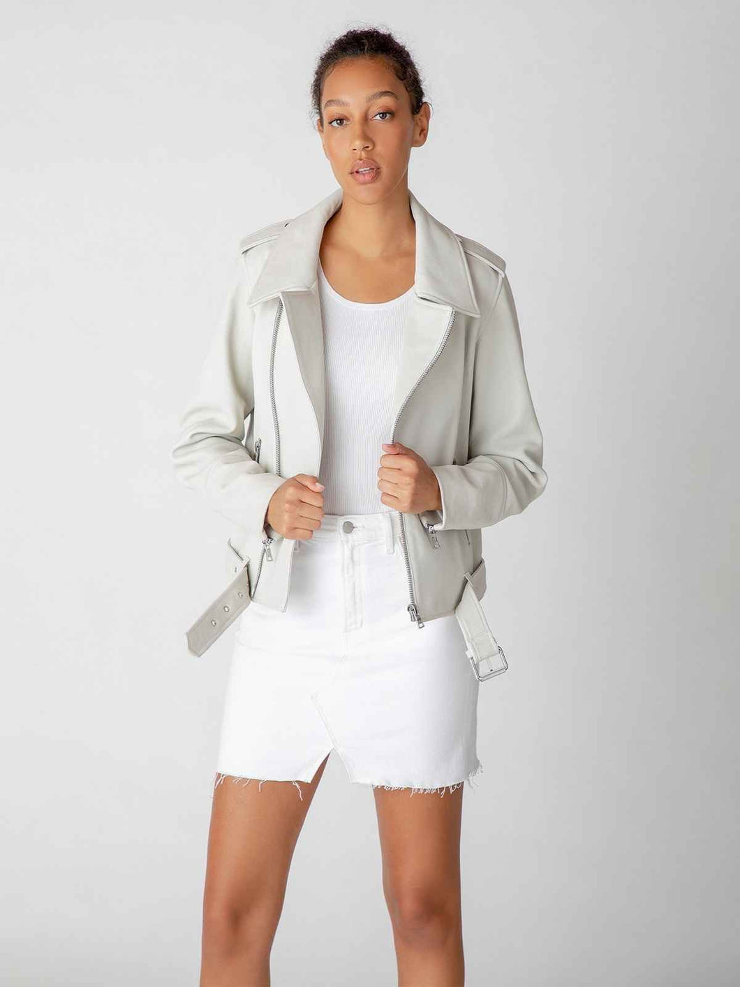 Women Zipper Smooth White Leather Jacket