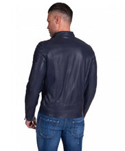 Load image into Gallery viewer, Quilted Blue Motorcycle Leather Jacket
